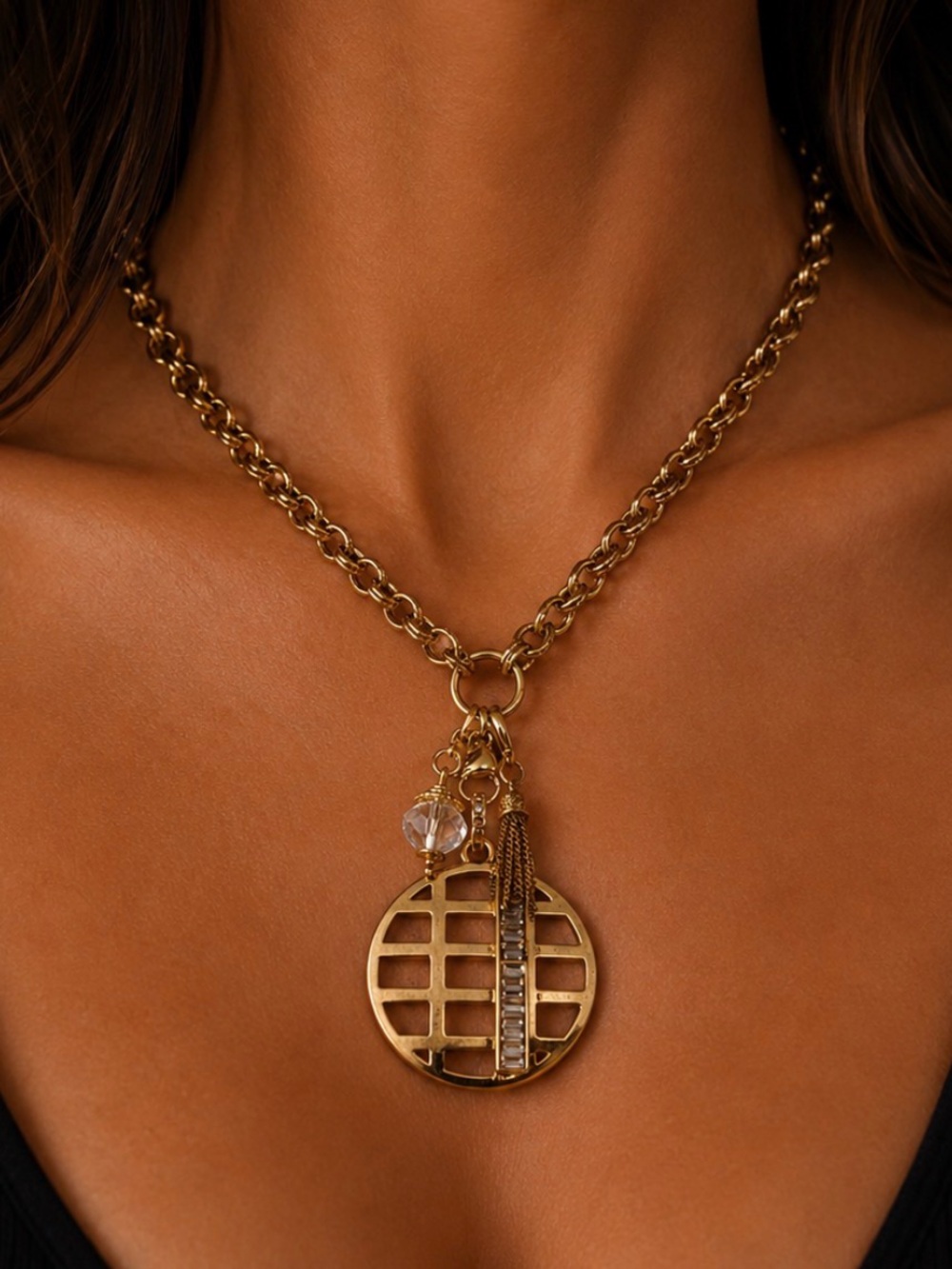 Gold Tone Grid Pendant Necklace with Crystal Accent